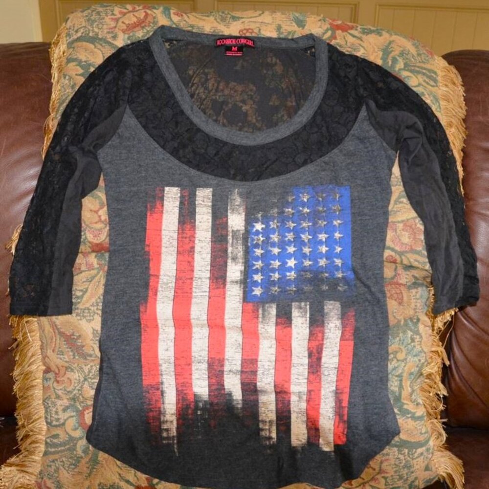 Rock & Roll Cowgirl Black lacy Stars and Stripes Medium Top